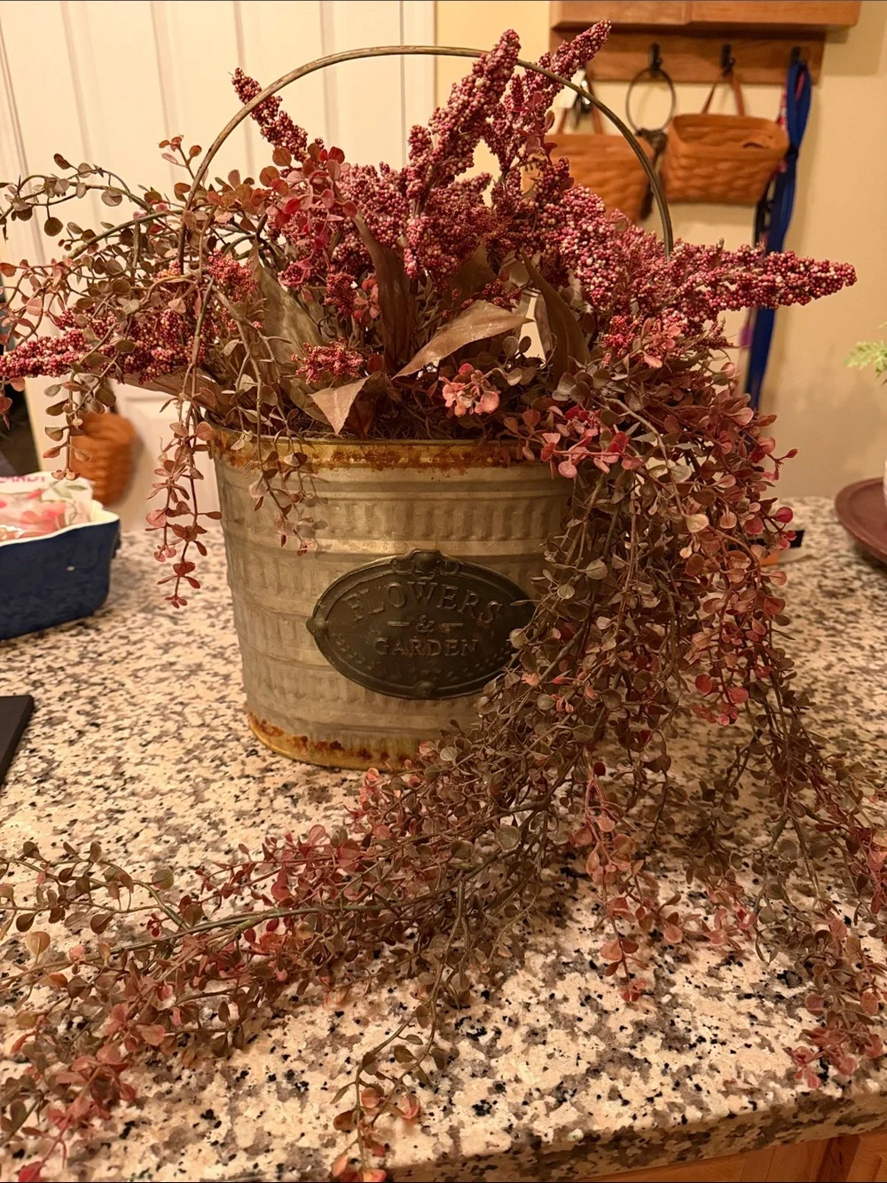 Galvanized Metal Flower Garden Bucket with Pink Floral Arrangement